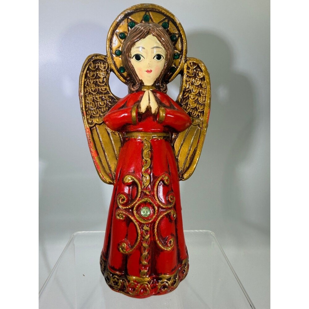Vintage ARDCO JAPAN Praying Angel Figurine Red Gold Christmas Holiday Kitsch 8"